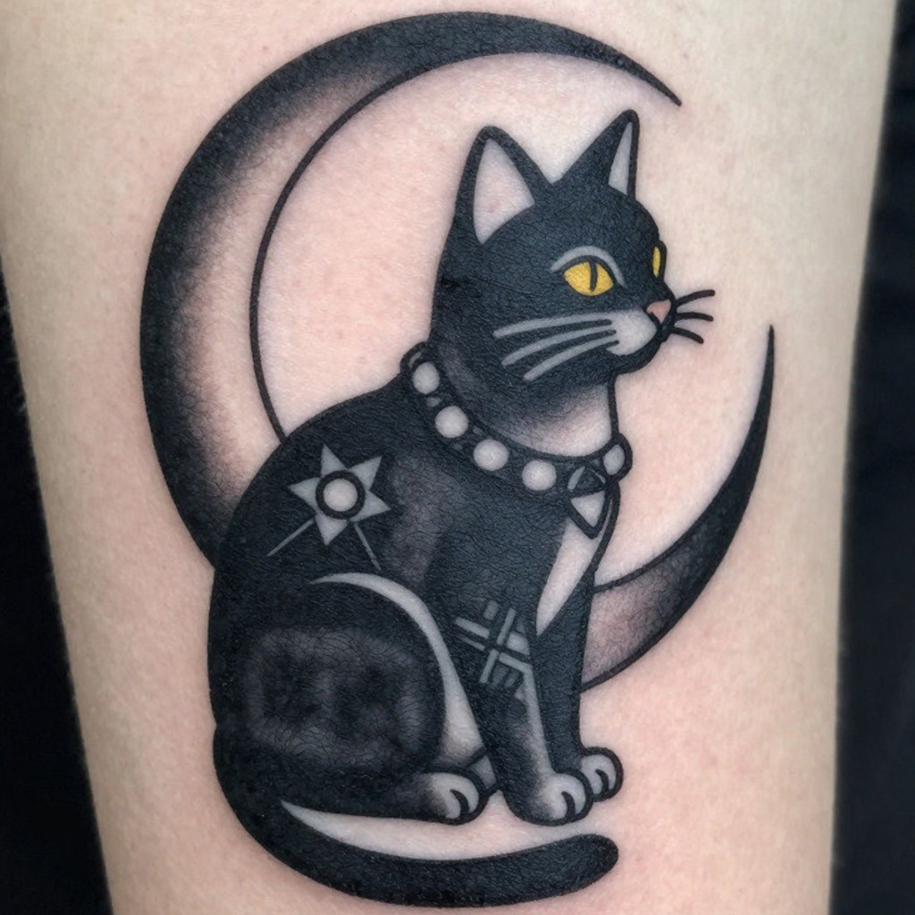 Mystic blackwork cat tattoo with crescent moon and geometric accents