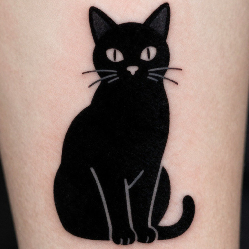 Blackwork cat silhouette tattoo in sitting pose with bold clean lines
