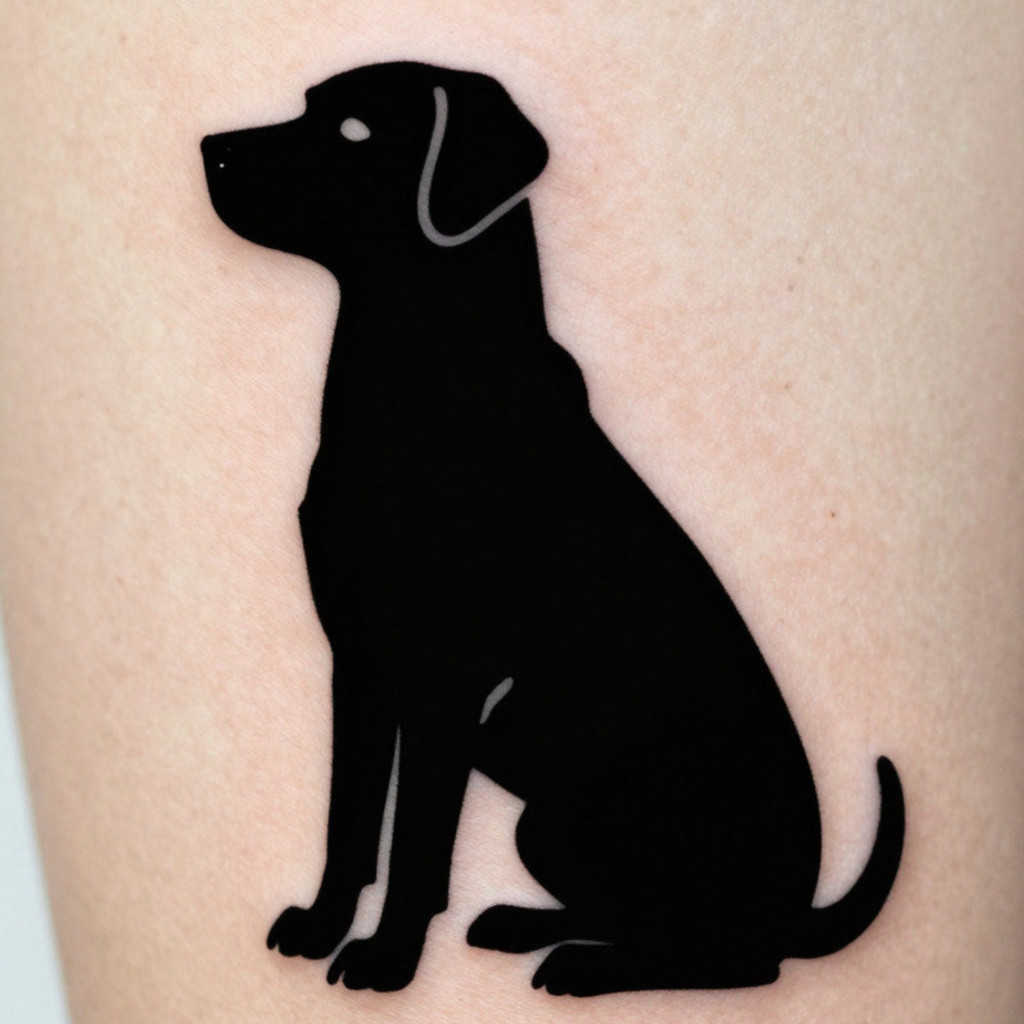 Blackwork dog silhouette tattoo in sitting pose with bold lines